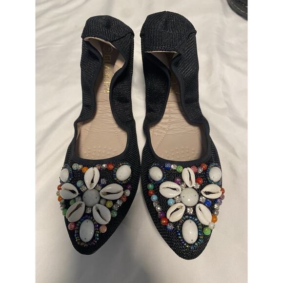 Guansitu Shoe Size 10 Slip On Flats Black Seashell Beads Colorful Bend Elastic - Picture 1 of 9